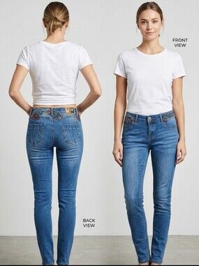 ​Desigual Refriposas Embroidered Mid Rise Skinny Jeans Blue Boho Size 30